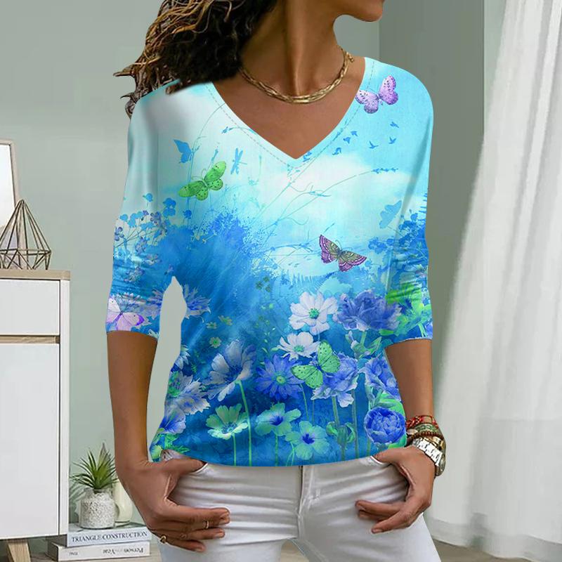 Higanbana Print Women Tshirts Ladies Tops Long Sleeve V-neck Pullover Femme T-shirts T Shirt For Women