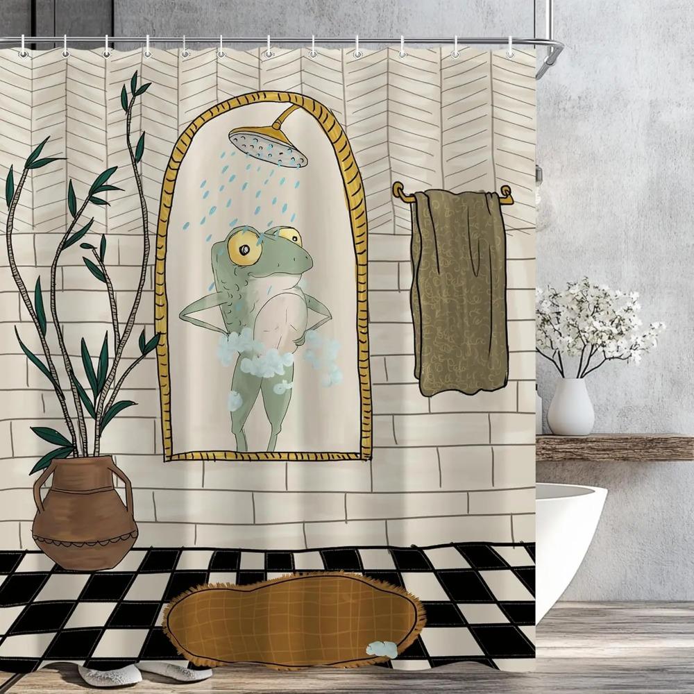 Funny Retro Frog Printed Shower Curtain Cute Vintage Animal Plant For Bathroom Decor