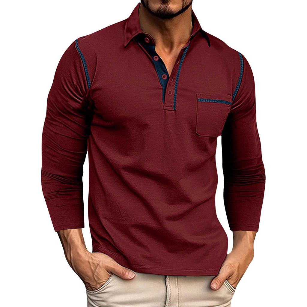 Men's Spring And Autumn Solid Color T-shirt Lapel 3 Button Open Placket Button Long Sleeved Top