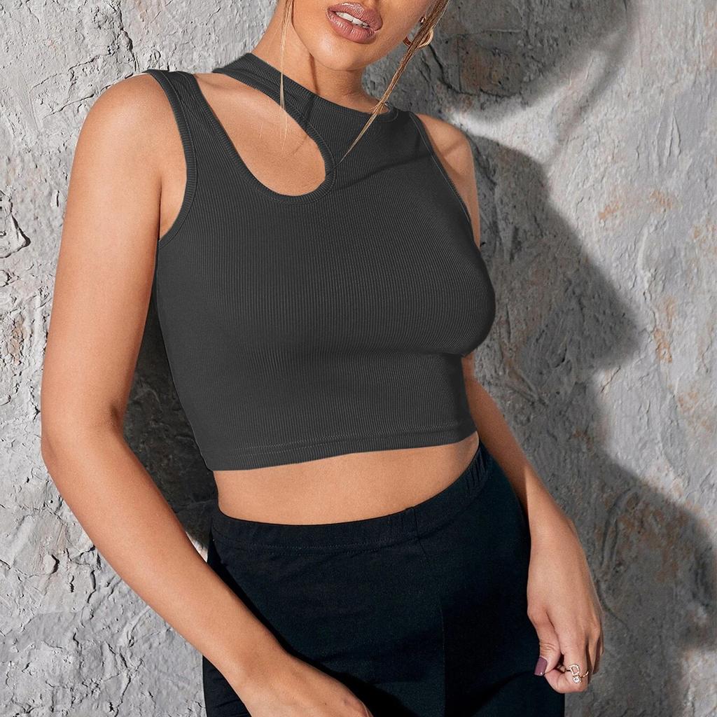 Women's Sexy Hot Girl Fashion Design Sleeveless Sports Vest Slim Ultra Short Sexy Hollow Round Neck Solid Color Top