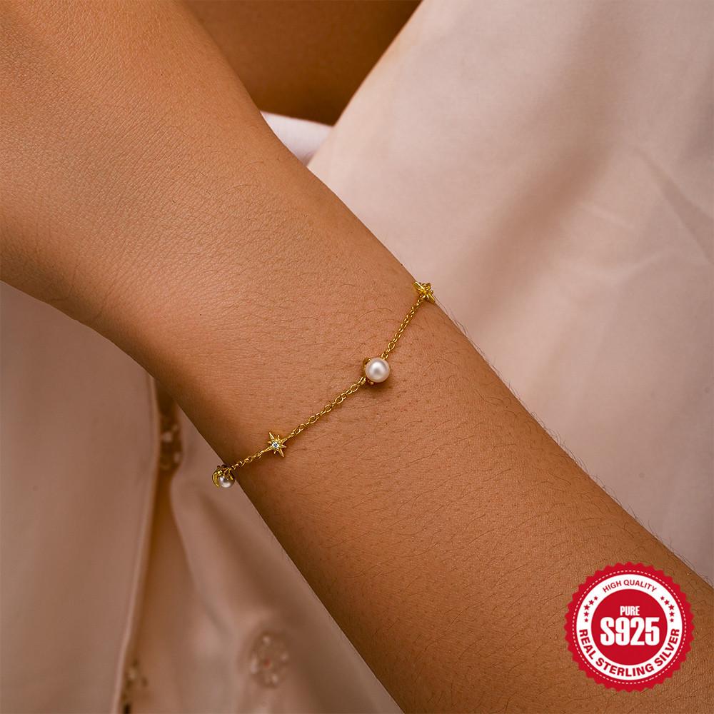 S925 стерлингового серебра модный и простой стиль октаграмма с бусинами сложенными и потертыми темперамент универсальный браслет для повседневной носки