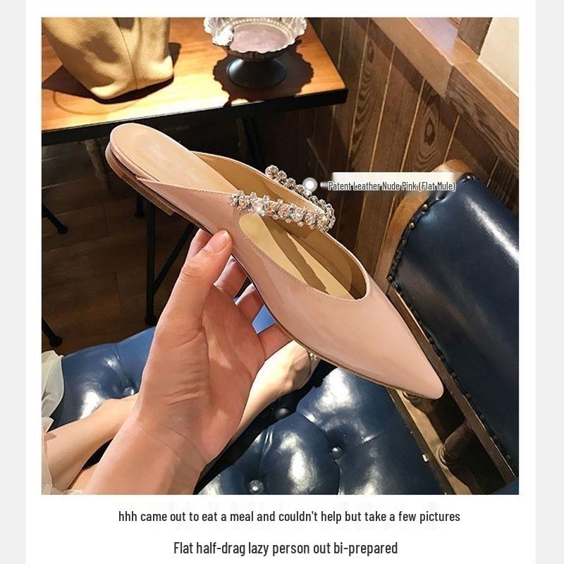 Весна 2025 Туфли Мэри Джейн на плоской подошве с цепочкой из стразов в стиле феи - Лакированная кожа, Заостренный носок, Корейская мягкая подошва