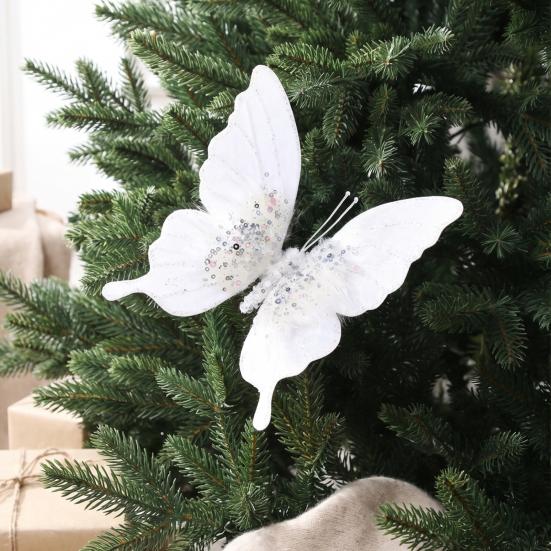 Pink Champagne Butterfly Decor Velvet Christmas Ornaments, Artificial Glitter Sequins Xmas Tree Sparkling Diamond Pendant Decoration for Holiday
