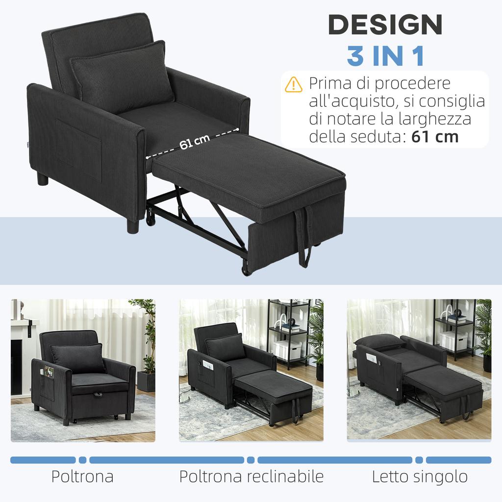 Reclining Sofa Bed Armchair with Side Pockets, in Velvet-Effect Fabric, 74x84x81 cm, Dark Grey
