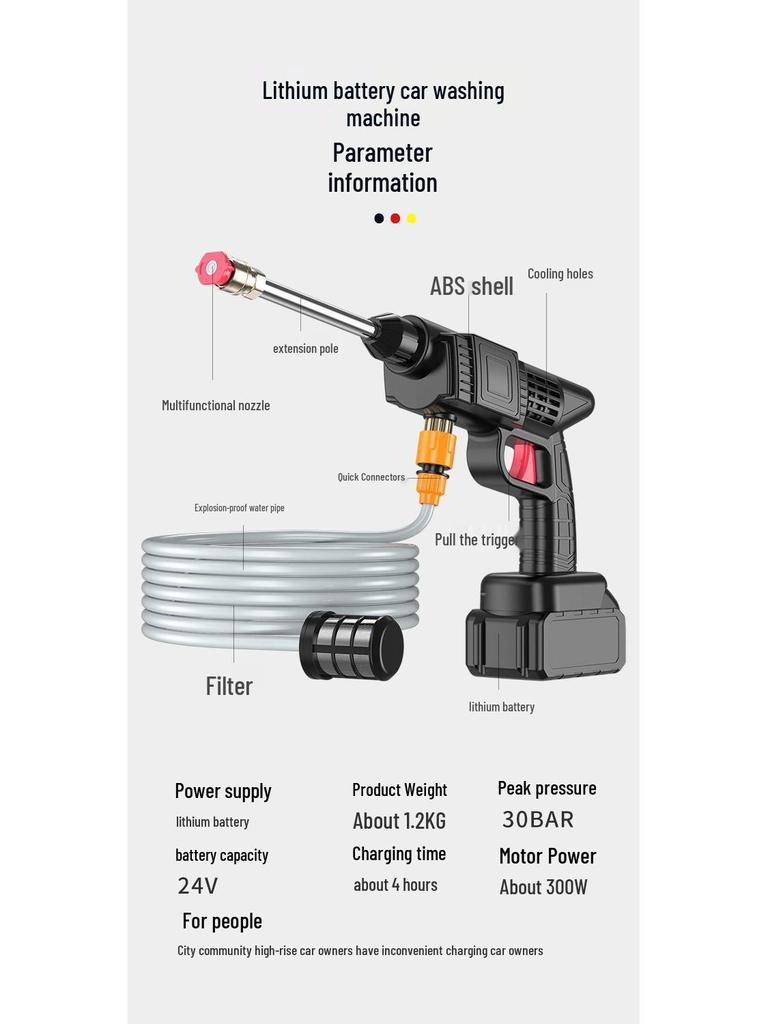Беспроводная портативная мойка высокого давления для автомобиля - Инструмент для чистки с литий-ионным аккумулятором