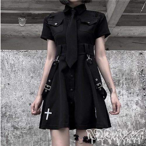 Women Black Y2k Dress French Cross Embroidery Punk Dark Dress JK Uniform College Style Gothic Street Skirt