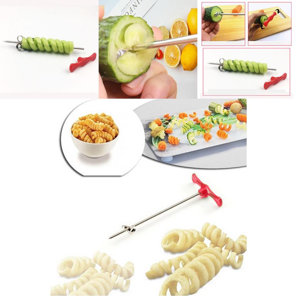 Многофункциональная овощерезка-спирализатор, изготовленная из нержавеющей стали и красной пластиковой ручки