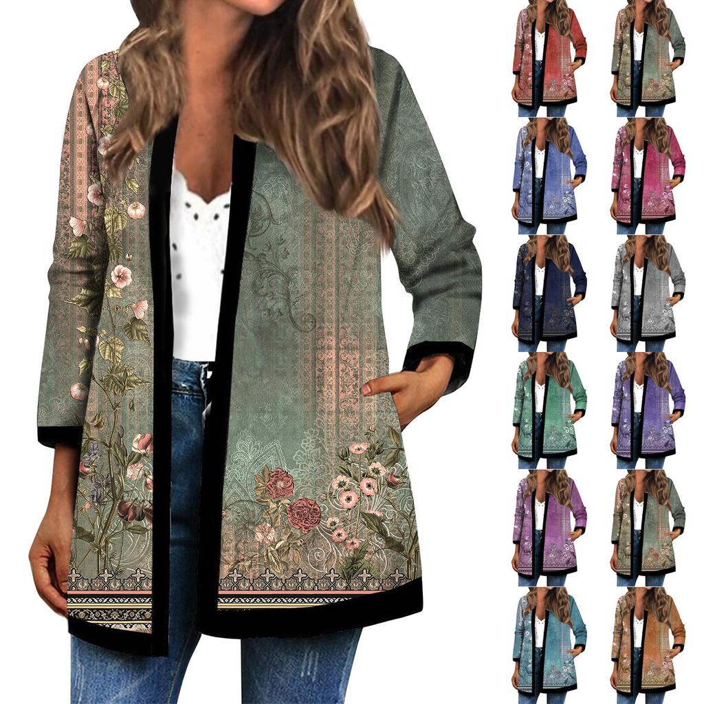 Women's Fall And Winter Fashion Casual Printed Long Sleeve Mid-Length Cardigan Jacket