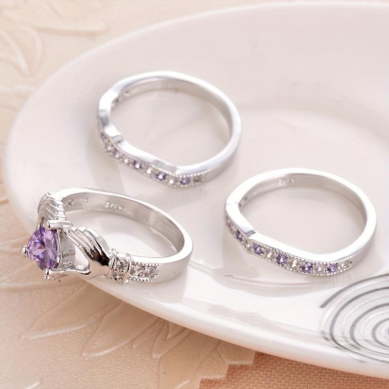 3pcs Set of Classic And Stylish Luxurious Hollow Heart Gesture Stacked Synthetic Zirconia Rings Embracing Purple Heart-Shaped Birthstone Jewelry, Symb