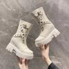 Fashion 9CM Thick Heels Motorcycle Boots High Platform Spring Autumn Leather Sneakers Women Winter Ankle Boots Rivet Short Punk Boots