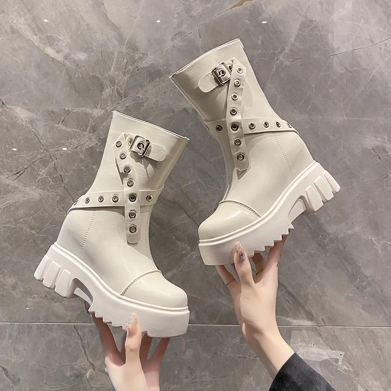 Fashion 9CM Thick Heels Motorcycle Boots High Platform Spring Autumn Leather Sneakers Women Winter Ankle Boots Rivet Short Punk Boots