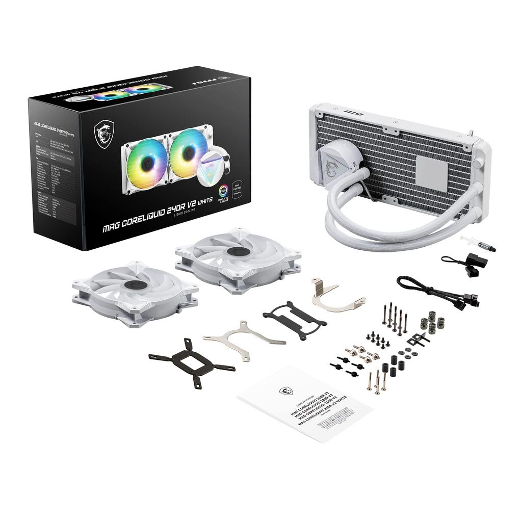 MSI MAG Core Liquid 240R V2 White AIO RGB CPU Liquid Cooler Swivel Cap Design 240mm Radiator Dual 120mm RGB PWN - - - - Fans.