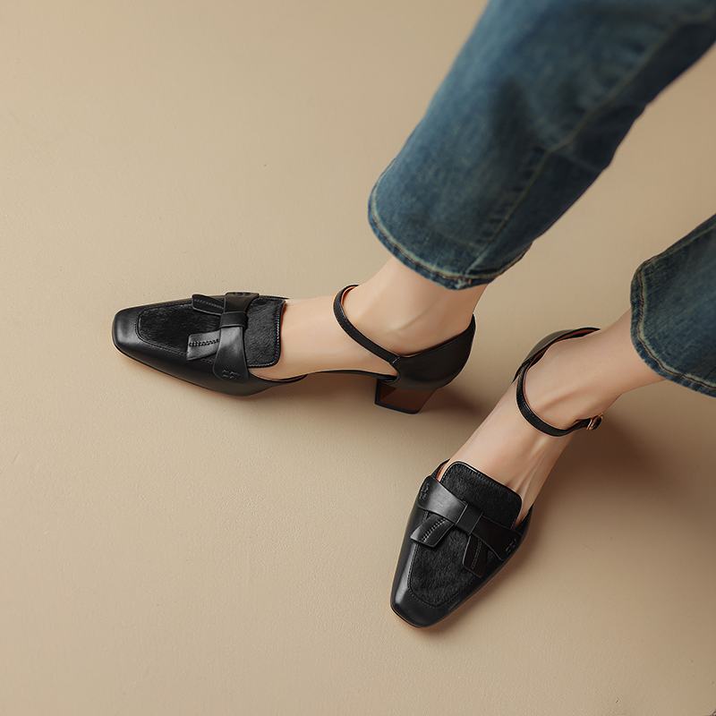 Осенне-летняя обувь из коровьей кожи с квадратным носком и конским волосом на среднем каблуке, женские туфли-лодочки на плоской подошве в лаконичном стиле с дизайном «бабочка» и ремешками на щиколотке