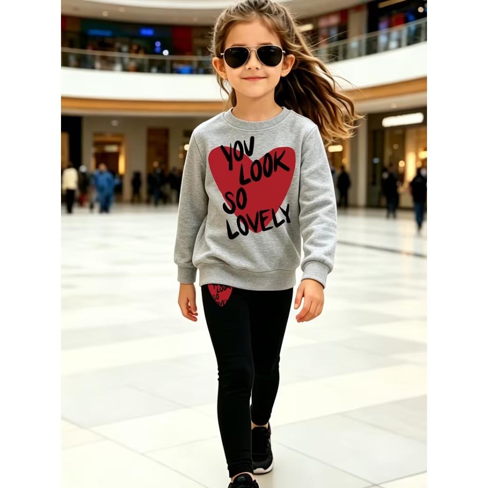 Girls' Love Slogan Print Casual Comfortable Soft Loose Pullover Sweatshirt and Leggings 2-Piece Set, New Autumn/Winter, Playful, Sweet and Cool Style