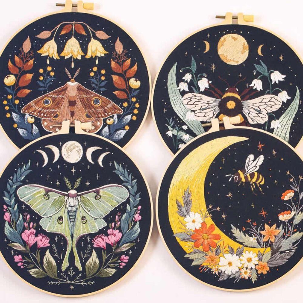 Stamped Pattern Embroidery Kit Bamboo Hoop Moth Embroidery DIY Embroidery Set  Craft Gift Idea