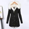 Women Winter Cotton Coat Plus Size Faux Fur Hood Fleece-lined Zip-up Press Button