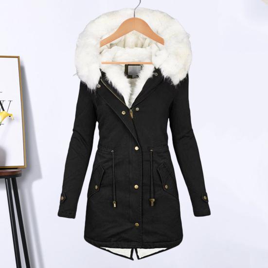 Women Winter Cotton Coat Plus Size Faux Fur Hood Fleece-lined Zip-up Press Button