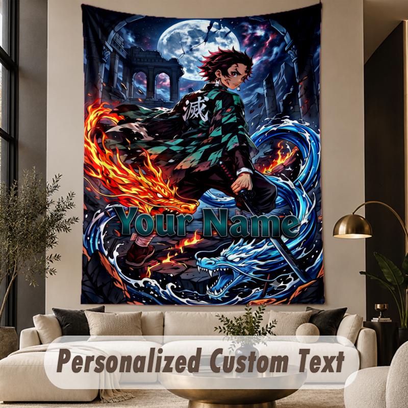 Custom Text Printed Tapestry Demon Slayer Pattern Large Wall Hanging Indoor Room Decor