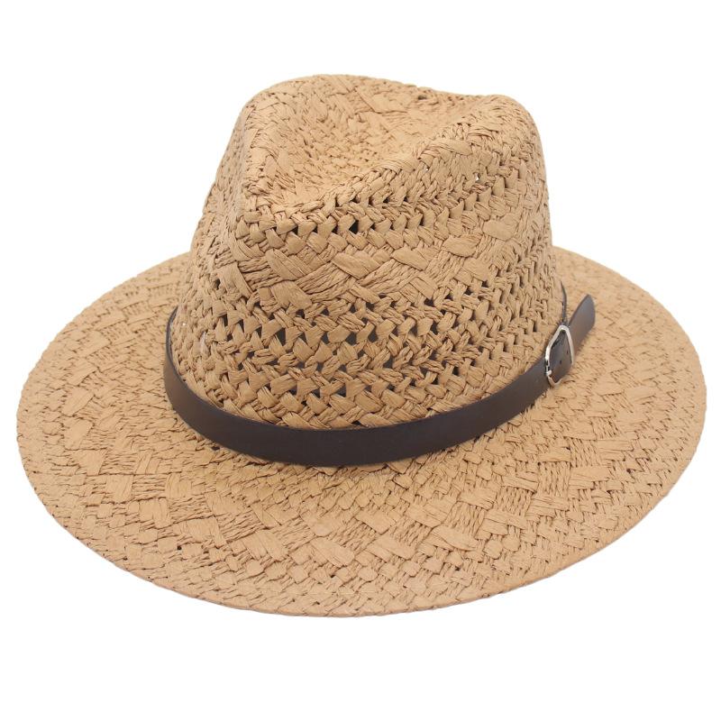 Hollow Weave Panama Straw Hat Black Belt Accessories Flat Edge Men'S Hat