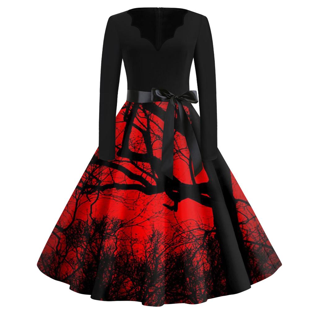 Женская мода с v-образным вырезом, повседневные тонкие платья с длинными рукавами и принтом на Хэллоуин