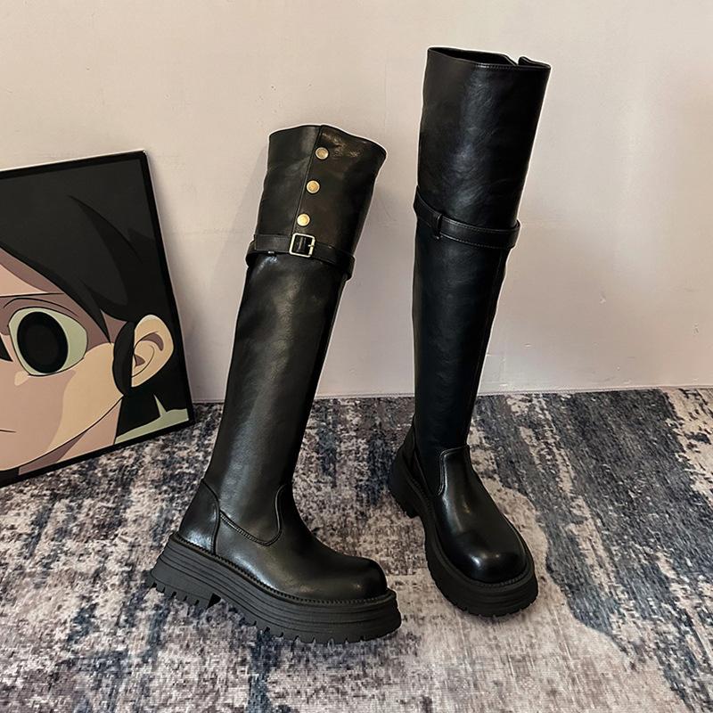 Черные ботинки на толстом каблуке и платформе в ретро-британском стиле, женские, осень-зима 2024 года, новые ботинки, высокие и тонкие рыцарские сапоги