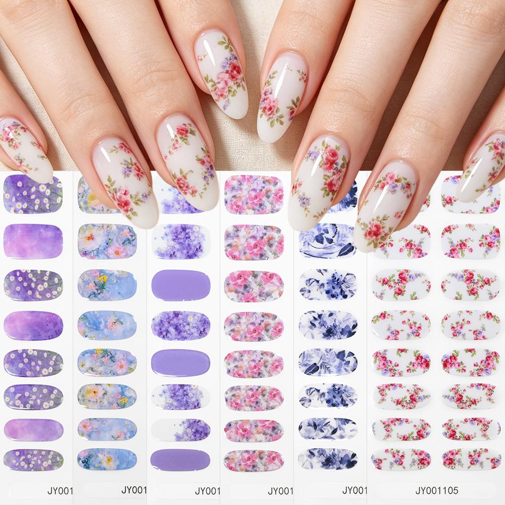 20tips Pink Purple Daisy Full Cover Nail Gel Stickers 3D Self-Adhesive Rose Lily Flower Nail Wraps Cute Summer Floral Nails*1pcs