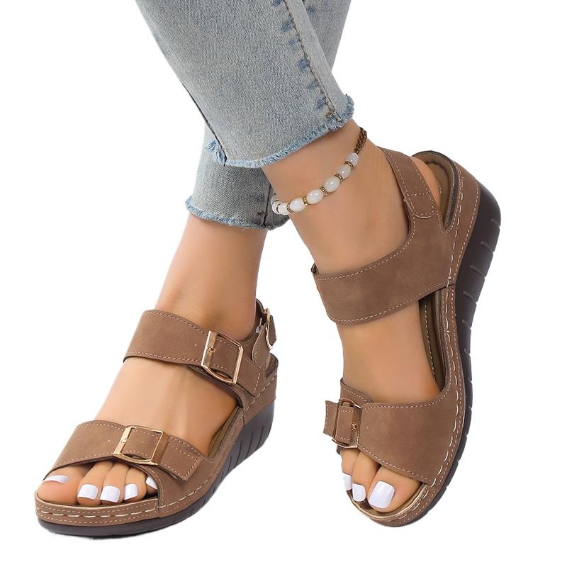 Повседневные дышащие женские сандалии, новые летние, на толстой подошве, легкие кожаные сандалии с пряжкой, универсальные, на танкетке