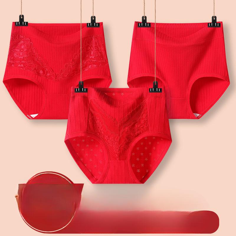 Женские трусы-брифы больших размеров из хлопка с высокой талией красного цвета