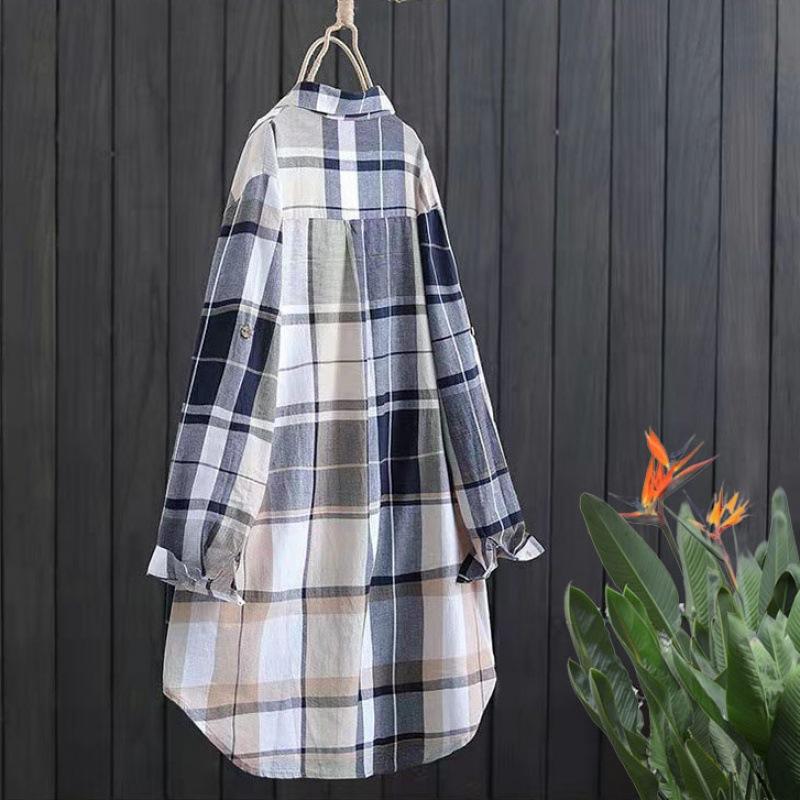 Весенние женские клетчатые хлопковые блузки средней длины для женщин, осенние элегантные повседневные рубашки с длинным рукавом, свободные блузки на пуговицах