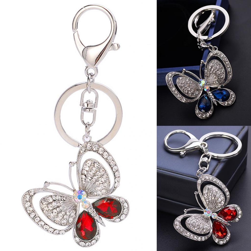 Shiny Rhinestone Hollowed Butterfly Pendant Keychain Keys Organizer Ring Decor