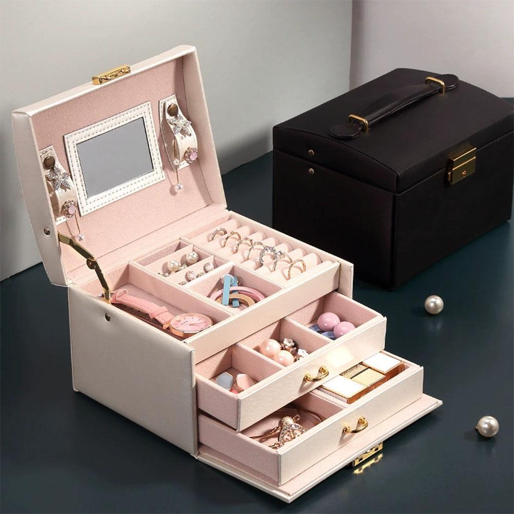 Leather Jewelry Storage Box - Organizer for Rings, Earrings, Necklaces, Makeup & Watch
