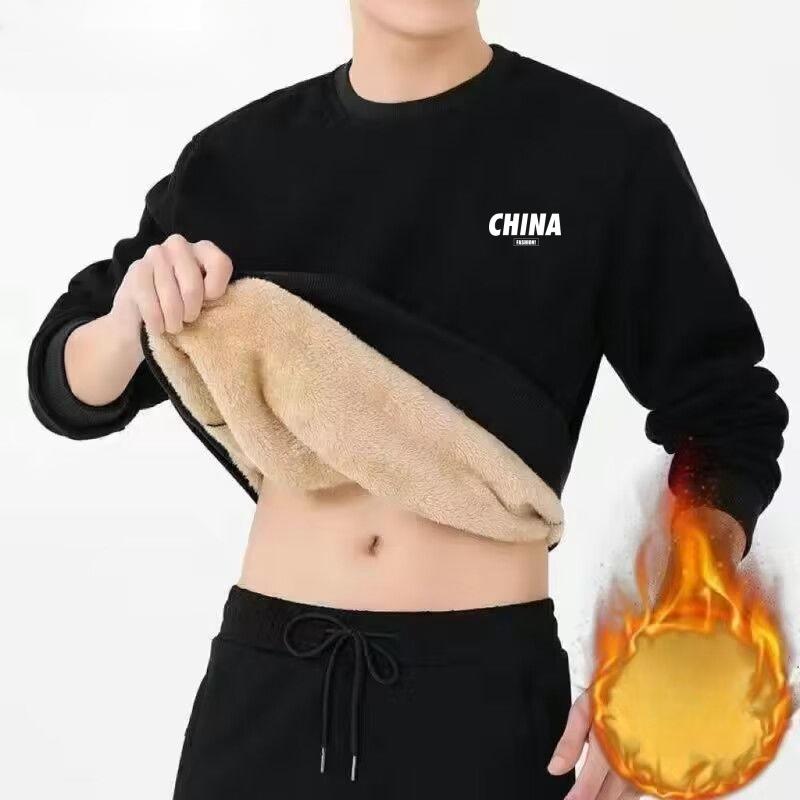 Autumn and Winter Plus Velvet Thickened Plus Size Lamb Velvet Men's Casual Sports Round Neck Pullover