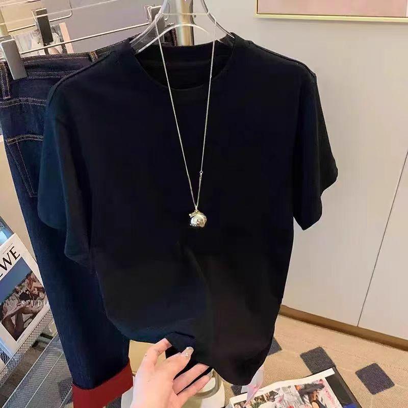 Fashionable Shoulder Pure Cotton Black Short-sleeved T-shirt for Women's Summer New Loose Letter Printing Versatile Top Shirt