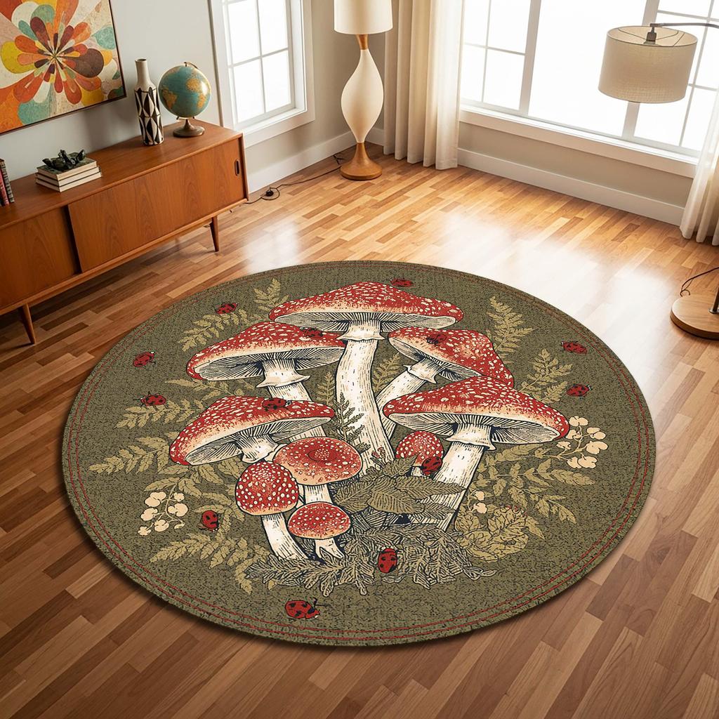 Mushroom Forest Floral Nature graphics Circle Rug,Living Room Sofa,Bedroom,Study Room indoor decor Washable Rug Keepsake