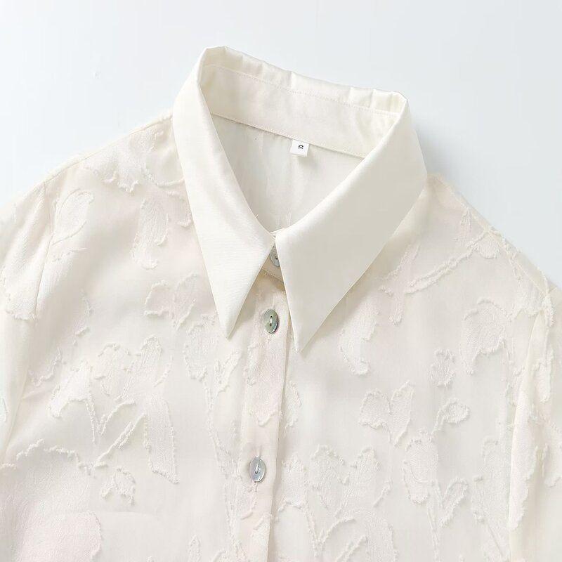 Fashion Style 2024 Summer New Arrival Women's Stylish Easiest for Match Velvet Patchwork Translucent Shirt 7484064