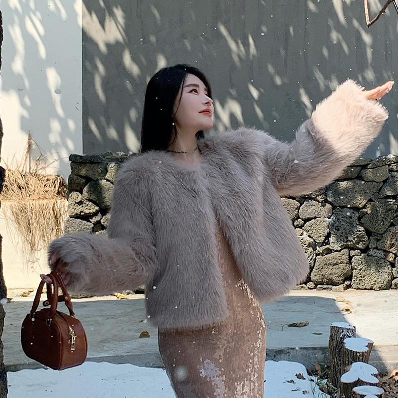 Осенне-зимние теплые пальто из лисьего меха с длинным рукавом, женские винтажные элегантные свободные куртки с круглым вырезом, женские однотонные повседневные женские куртки верхней одежды 25519