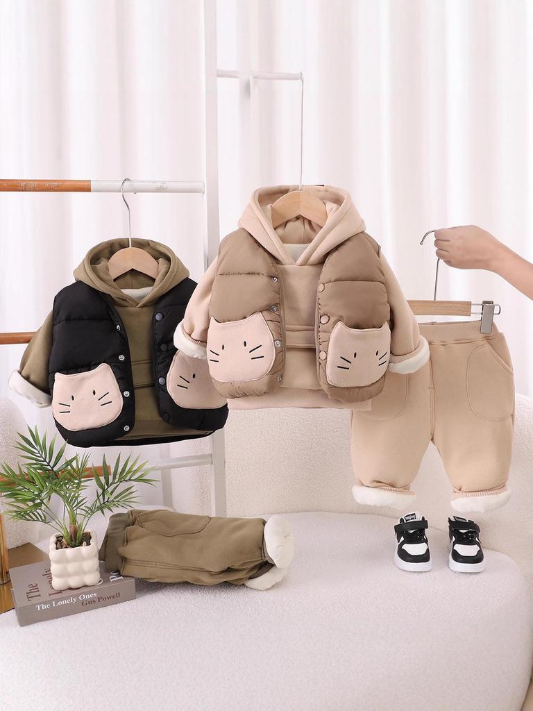 2025 Детский хлопковый трехпредметный комплект на флисовой подкладке – Модный зимний жилет и наряд для мальчиков