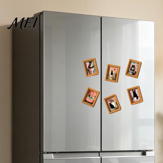 Protective Transparent Picture Covers Funny Wooden Fridge Magnets Frame, Retro Cute Cat Pattern Magnetic Refrigerator DIY Photo Display for