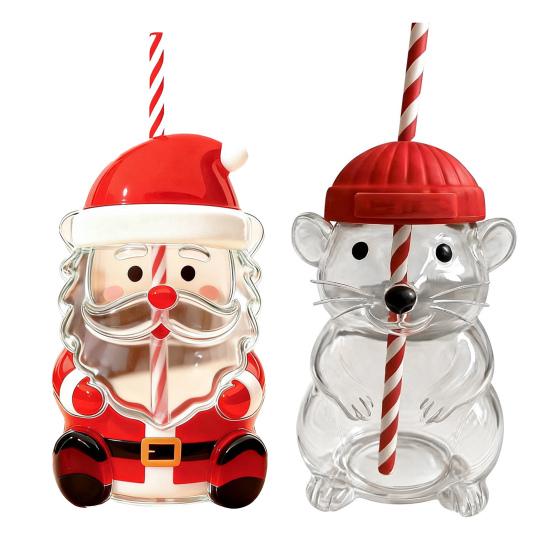 Christmas Glass Straw Tumbler Cute Holiday Themed Sippy Cup for Cocktails Reusable Drinking Coffee Beer Wine