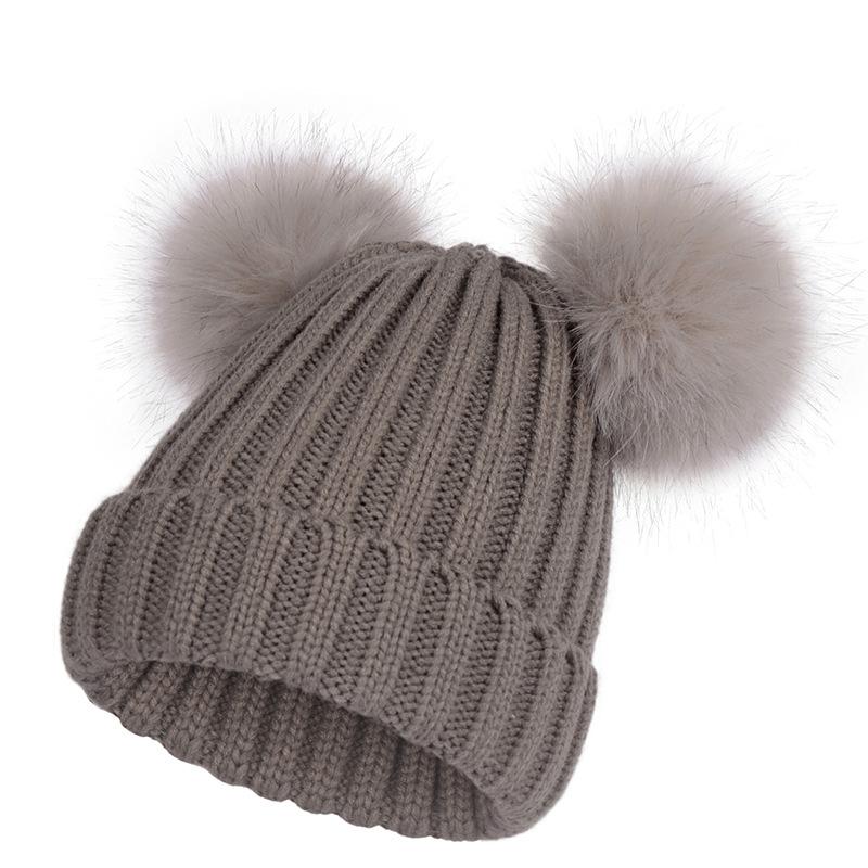 Детская / Взрослая 2-слойная осенне-зимняя новая женская шапка с двумя шариками, вязаная шапка из искусственного меха лисы, сохраняет тепло, вязаная шапка
