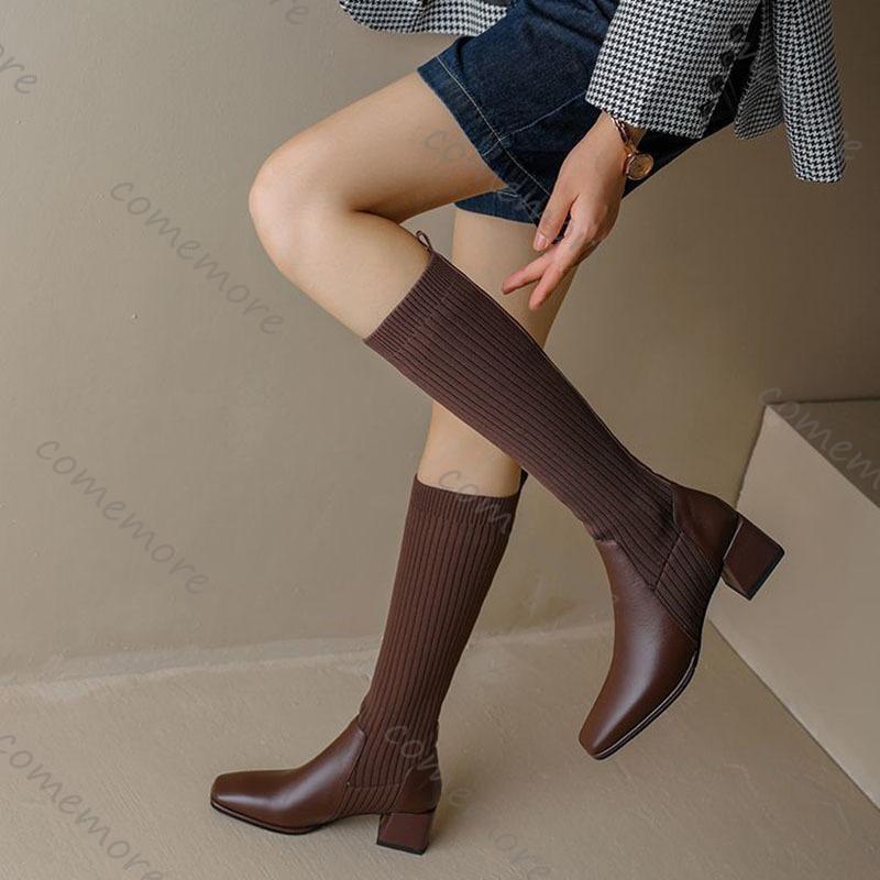 Comemore Retro Knitted Knee High Elastic Boots Chunky High Heeled Women's Sock Long Boots Casual Slip On Autumn Single Botas