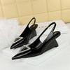 Fashion Wedges Women Shoes High Heel Shallow Pointed Toe Hollow Back Straps Patent Leather Triangle Metal Crystal Buckle Pumps