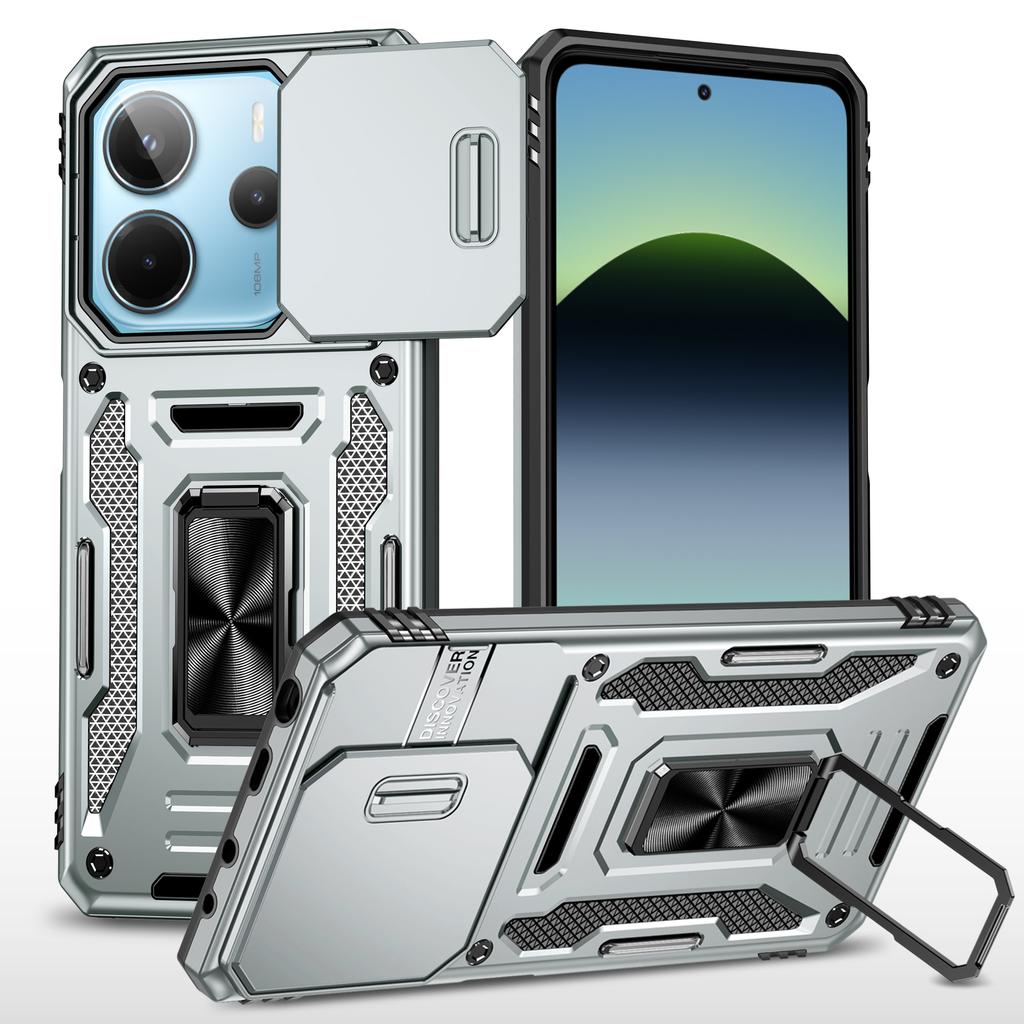 For Xiaomi Redmi Note 14 4G (163.25mm)/14 5G Case Kickstand Slide Lens Lid PC+TPU Drop