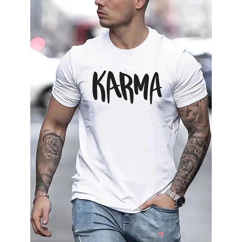 Европейские размеры A Мужская повседневная футболка с принтом буквы 'KARMA' - Круглый вырез, короткие рукава, слегка эластичная трикотажная ткань
