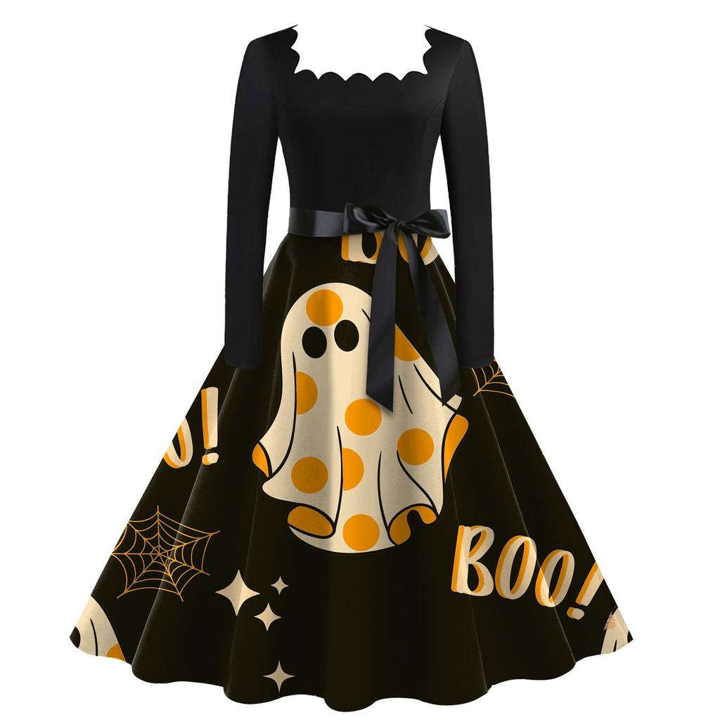 Женские повседневные модные платья с квадратным вырезом и длинным рукавом на Хэллоуин с принтом в винтажном стиле