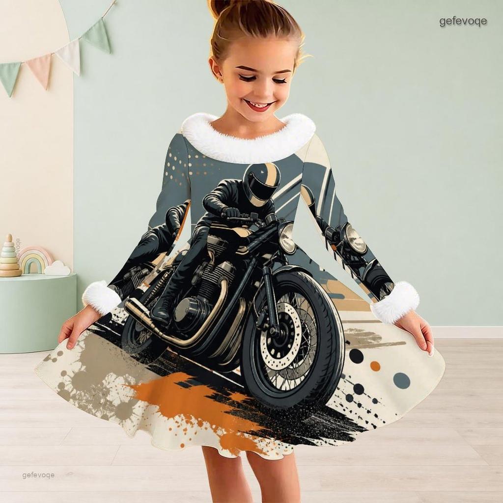 Girls High Neck Long Sleeve Excavator Print Furry Trim Tie Waist A Line Flared Dress