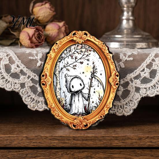 Halloween Refrigerator Magnet Wooden Frame Magnet, Retro Oval Fridge Ghost Illustration Pumpkin Magnetic Decoration for Kitchen Metal Surface Magnets
