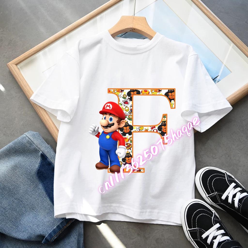 2026 Super Mario Boys and Girls Cartoon letter AZ Printed Birthday Clothing Childrens Fashion Short Sleeve Role Playing Top