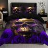 Soft And Breathable Duvet Cover Set Purple Rose Skull Pattern Bedding Set For Bedroom Guest Room And Dorm Decor
