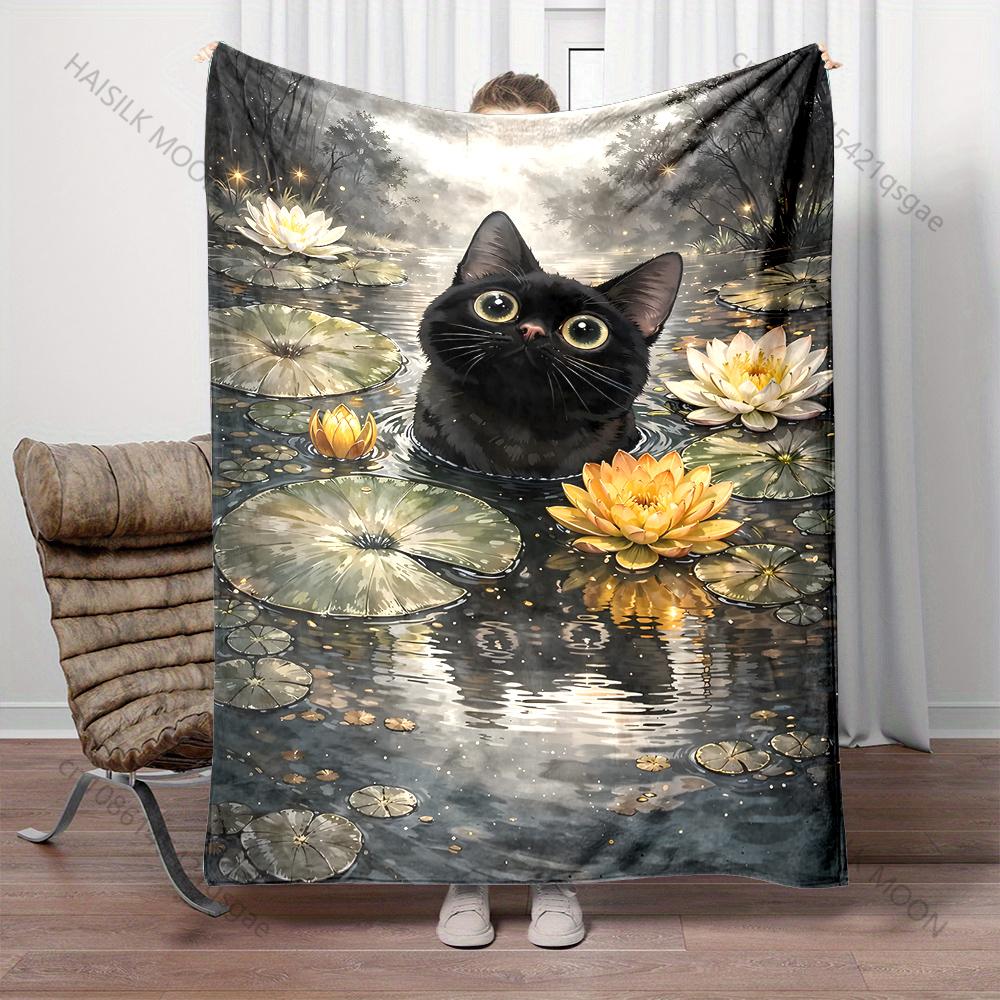 Multiple sizes Black cat in pond Print Adult Children Warm Blankets Home Travel Car Soft Comfortable Suitable for all seasons